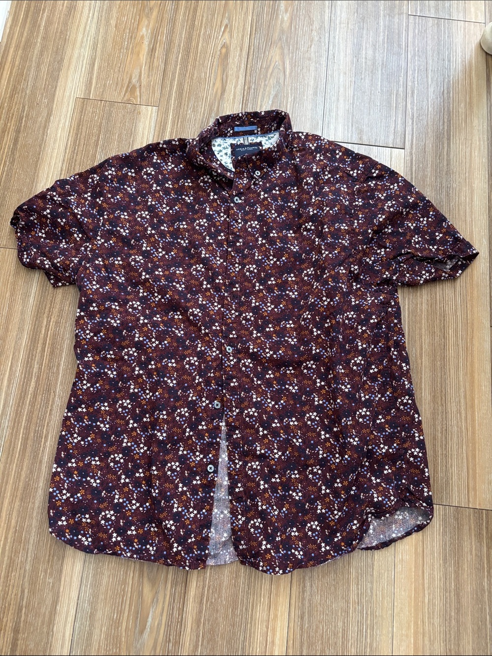 Denim & Flower Mens Button Down• burgundy, and tiny flowers.